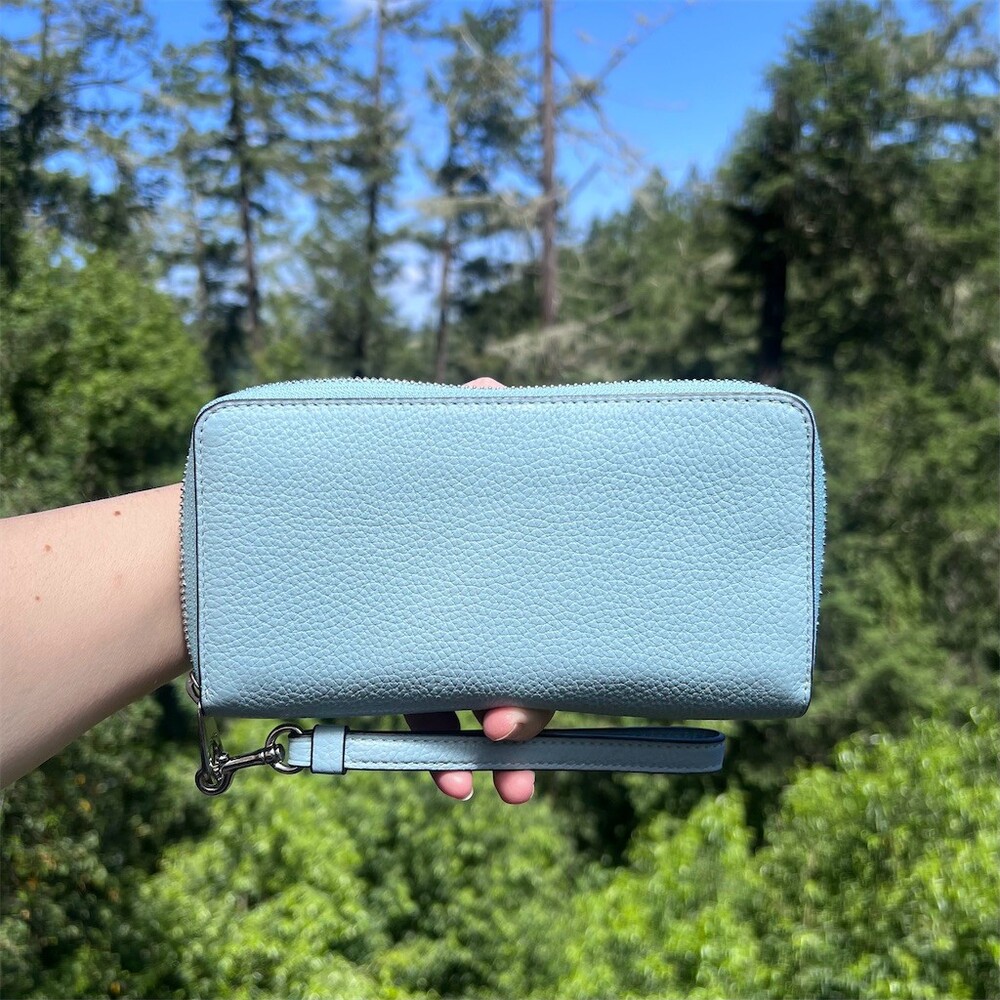 COACH Long Zip-Around Light Blue Pebble Leather Wallet Silver Hardware AUTHENTIC - Picture 2 of 13